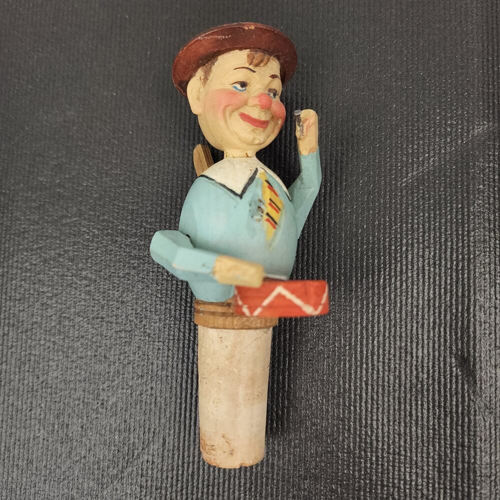 Hand Carved Mechanical Bottle Stopper Cork Drummer Blue Shirt & Brown Hat Anri?